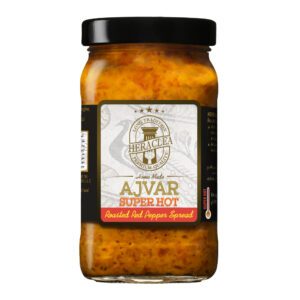 A jar of Heraclea Ajvar Super Hot, a fiery Balkan pepper spread.