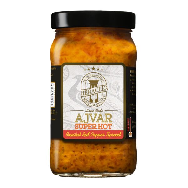 A jar of Heraclea Ajvar Super Hot, a fiery Balkan pepper spread.