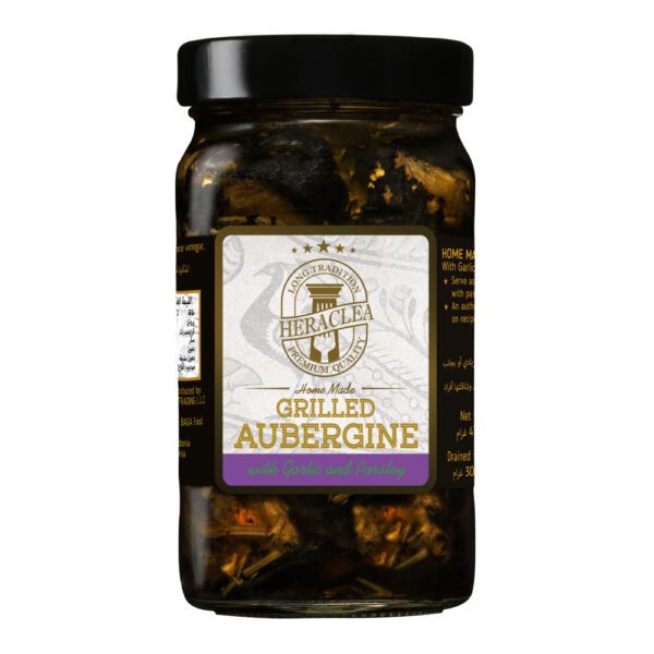 A jar of Heraclea Grilled Aubergine, showcasing the rich, smoky goodness within.