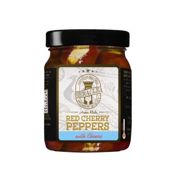 A jar of Heraclea Red Cherry Peppers with Cheese on a white background.