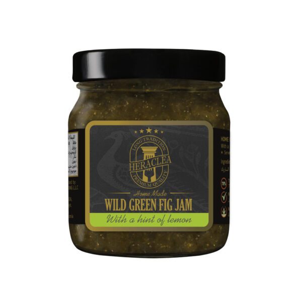 Jar of Heraclea Wild Green Fig Jam with a hint of lemon on a plain background.